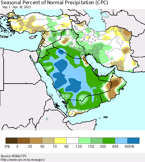 Middle East and Turkey Seasonal Percent of Normal Precipitation (CPC) Thematic Map For 9/1/2022 - 4/20/2023