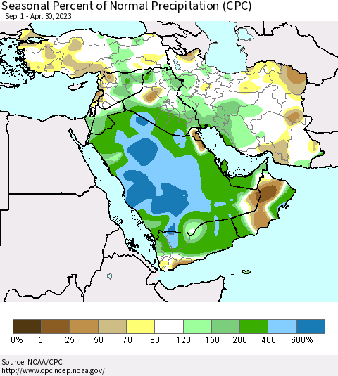 Middle East and Turkey Seasonal Percent of Normal Precipitation (CPC) Thematic Map For 9/1/2022 - 4/30/2023