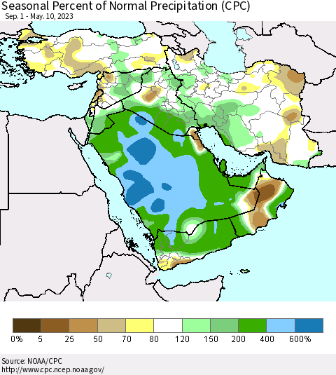 Middle East and Turkey Seasonal Percent of Normal Precipitation (CPC) Thematic Map For 9/1/2022 - 5/10/2023