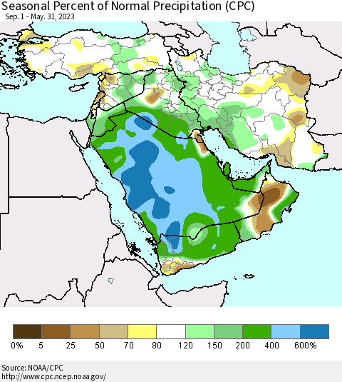 Middle East and Turkey Seasonal Percent of Normal Precipitation (CPC) Thematic Map For 9/1/2022 - 5/31/2023