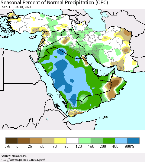 Middle East and Turkey Seasonal Percent of Normal Precipitation (CPC) Thematic Map For 9/1/2022 - 6/10/2023