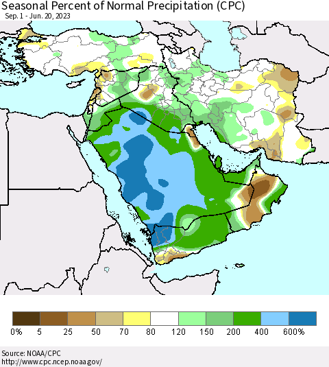 Middle East and Turkey Seasonal Percent of Normal Precipitation (CPC) Thematic Map For 9/1/2022 - 6/20/2023