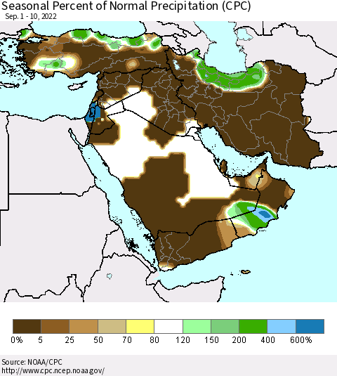 Middle East and Turkey Seasonal Percent of Normal Precipitation (CPC) Thematic Map For 9/1/2022 - 9/10/2022