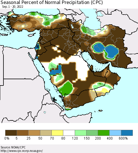 Middle East and Turkey Seasonal Percent of Normal Precipitation (CPC) Thematic Map For 9/1/2022 - 9/20/2022