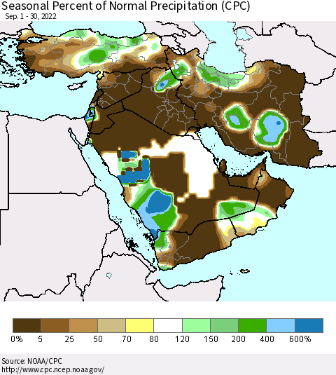 Middle East and Turkey Seasonal Percent of Normal Precipitation (CPC) Thematic Map For 9/1/2022 - 9/30/2022