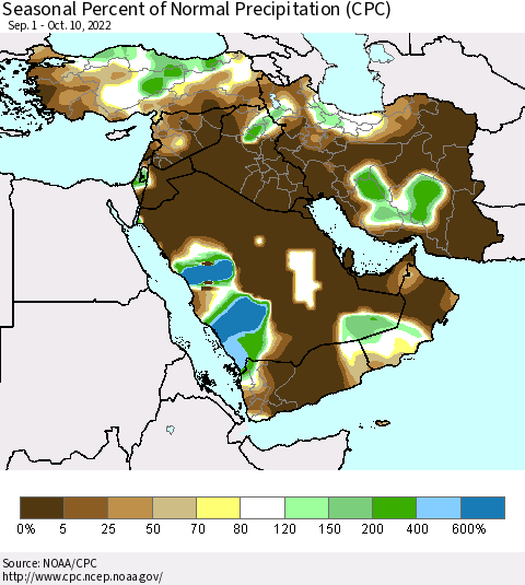 Middle East and Turkey Seasonal Percent of Normal Precipitation (CPC) Thematic Map For 9/1/2022 - 10/10/2022
