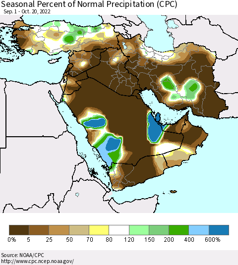 Middle East and Turkey Seasonal Percent of Normal Precipitation (CPC) Thematic Map For 9/1/2022 - 10/20/2022
