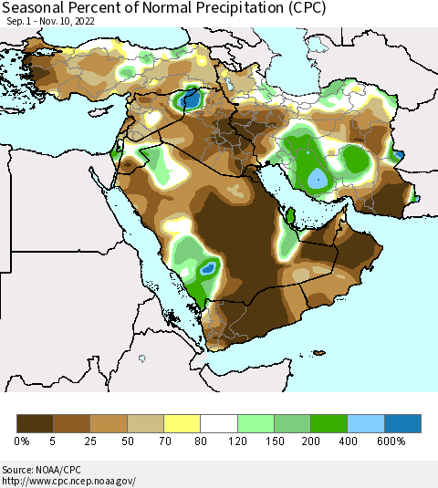 Middle East and Turkey Seasonal Percent of Normal Precipitation (CPC) Thematic Map For 9/1/2022 - 11/10/2022