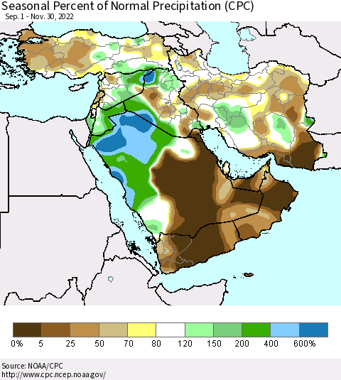 Middle East and Turkey Seasonal Percent of Normal Precipitation (CPC) Thematic Map For 9/1/2022 - 11/30/2022