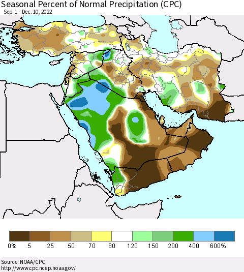 Middle East and Turkey Seasonal Percent of Normal Precipitation (CPC) Thematic Map For 9/1/2022 - 12/10/2022