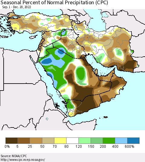 Middle East and Turkey Seasonal Percent of Normal Precipitation (CPC) Thematic Map For 9/1/2022 - 12/20/2022