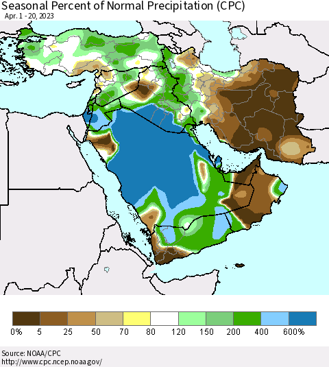 Middle East and Turkey Seasonal Percent of Normal Precipitation (CPC) Thematic Map For 4/1/2023 - 4/20/2023
