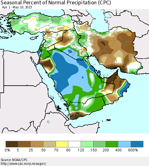 Middle East and Turkey Seasonal Percent of Normal Precipitation (CPC) Thematic Map For 4/1/2023 - 5/10/2023