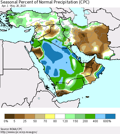 Middle East and Turkey Seasonal Percent of Normal Precipitation (CPC) Thematic Map For 4/1/2023 - 5/20/2023