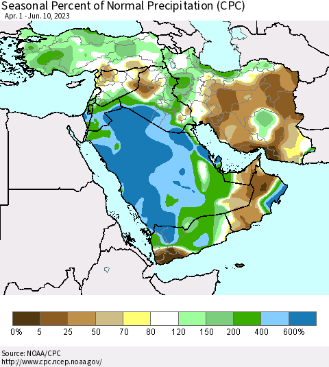 Middle East and Turkey Seasonal Percent of Normal Precipitation (CPC) Thematic Map For 4/1/2023 - 6/10/2023