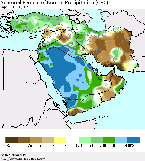 Middle East and Turkey Seasonal Percent of Normal Precipitation (CPC) Thematic Map For 4/1/2023 - 7/31/2023