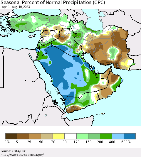 Middle East and Turkey Seasonal Percent of Normal Precipitation (CPC) Thematic Map For 4/1/2023 - 8/10/2023