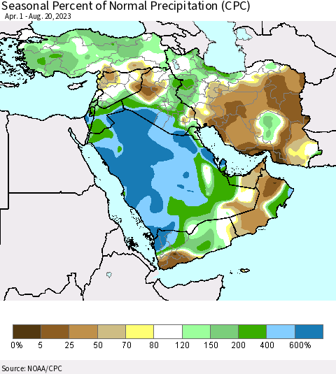 Middle East and Turkey Seasonal Percent of Normal Precipitation (CPC) Thematic Map For 4/1/2023 - 8/20/2023