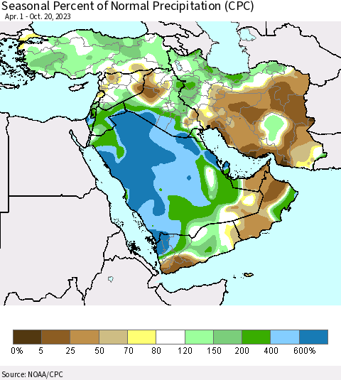 Middle East and Turkey Seasonal Percent of Normal Precipitation (CPC) Thematic Map For 4/1/2023 - 10/20/2023