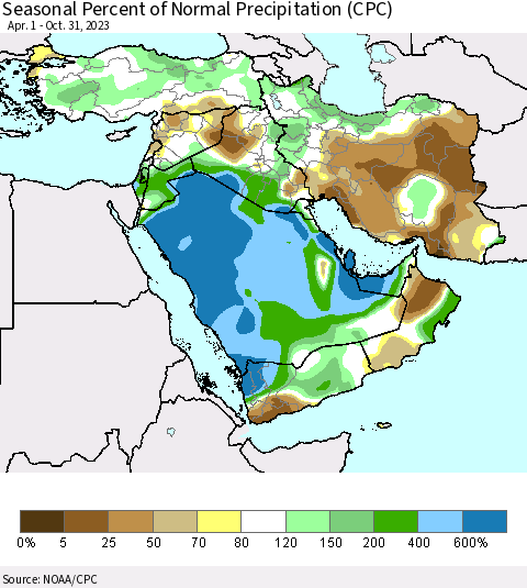 Middle East and Turkey Seasonal Percent of Normal Precipitation (CPC) Thematic Map For 4/1/2023 - 10/31/2023