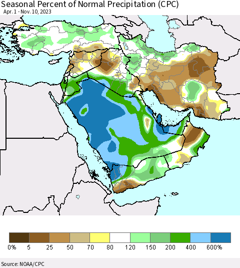 Middle East and Turkey Seasonal Percent of Normal Precipitation (CPC) Thematic Map For 4/1/2023 - 11/10/2023