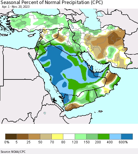 Middle East and Turkey Seasonal Percent of Normal Precipitation (CPC) Thematic Map For 4/1/2023 - 11/20/2023