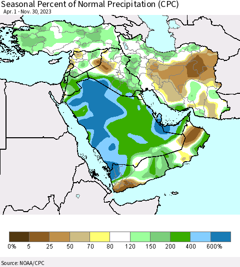 Middle East and Turkey Seasonal Percent of Normal Precipitation (CPC) Thematic Map For 4/1/2023 - 11/30/2023