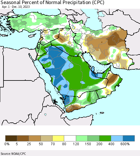 Middle East and Turkey Seasonal Percent of Normal Precipitation (CPC) Thematic Map For 4/1/2023 - 12/10/2023