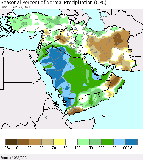 Middle East and Turkey Seasonal Percent of Normal Precipitation (CPC) Thematic Map For 4/1/2023 - 12/20/2023