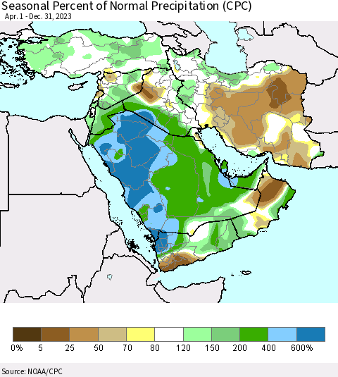 Middle East and Turkey Seasonal Percent of Normal Precipitation (CPC) Thematic Map For 4/1/2023 - 12/31/2023