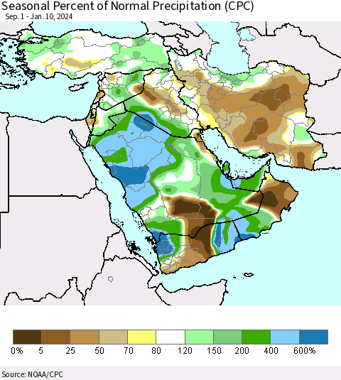 Middle East and Turkey Seasonal Percent of Normal Precipitation (CPC) Thematic Map For 9/1/2023 - 1/10/2024