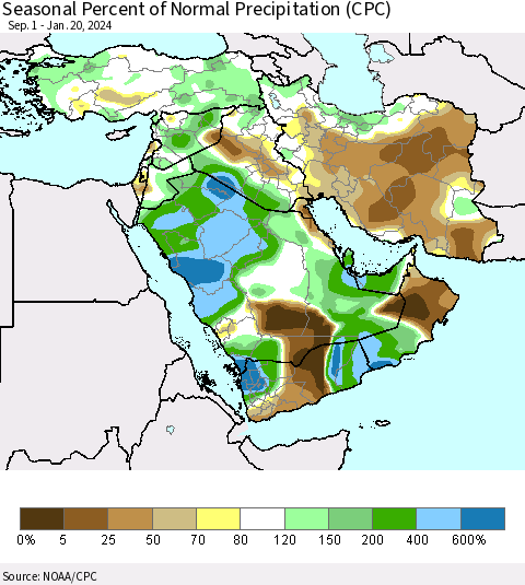Middle East and Turkey Seasonal Percent of Normal Precipitation (CPC) Thematic Map For 9/1/2023 - 1/20/2024