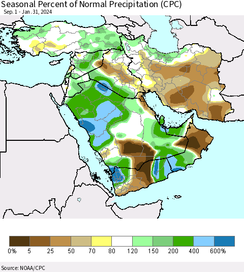 Middle East and Turkey Seasonal Percent of Normal Precipitation (CPC) Thematic Map For 9/1/2023 - 1/31/2024