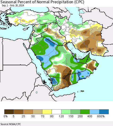 Middle East and Turkey Seasonal Percent of Normal Precipitation (CPC) Thematic Map For 9/1/2023 - 2/20/2024