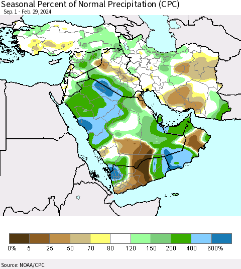 Middle East and Turkey Seasonal Percent of Normal Precipitation (CPC) Thematic Map For 9/1/2023 - 2/29/2024