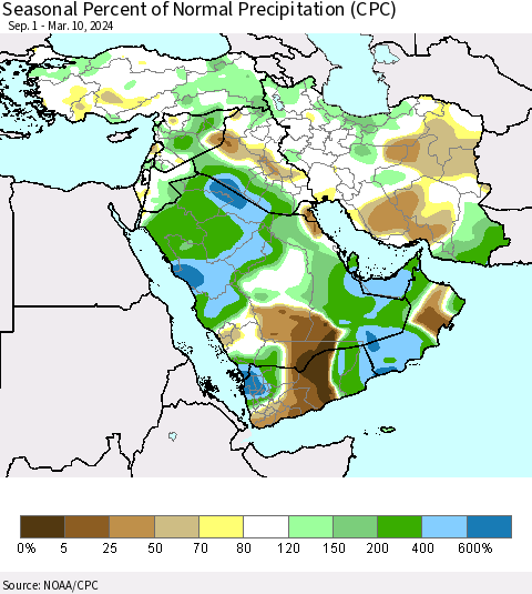 Middle East and Turkey Seasonal Percent of Normal Precipitation (CPC) Thematic Map For 9/1/2023 - 3/10/2024