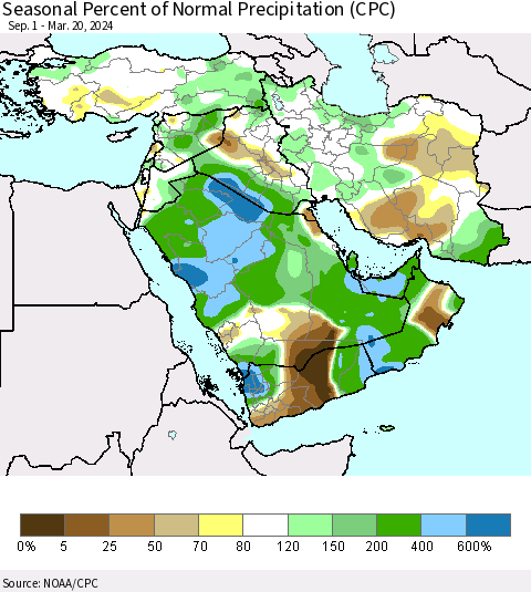 Middle East and Turkey Seasonal Percent of Normal Precipitation (CPC) Thematic Map For 9/1/2023 - 3/20/2024