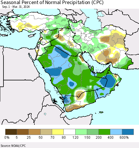 Middle East and Turkey Seasonal Percent of Normal Precipitation (CPC) Thematic Map For 9/1/2023 - 3/31/2024