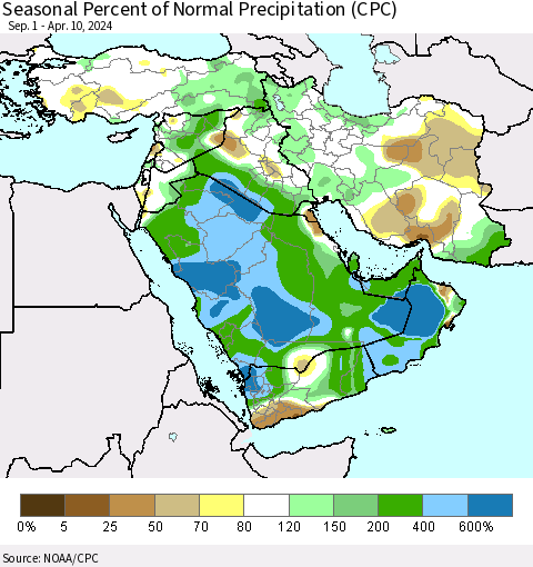 Middle East and Turkey Seasonal Percent of Normal Precipitation (CPC) Thematic Map For 9/1/2023 - 4/10/2024
