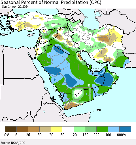 Middle East and Turkey Seasonal Percent of Normal Precipitation (CPC) Thematic Map For 9/1/2023 - 4/20/2024