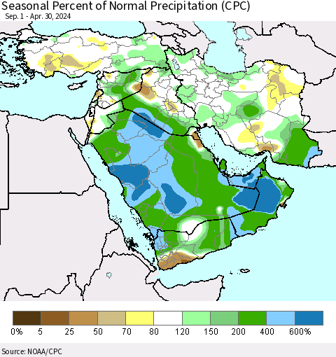 Middle East and Turkey Seasonal Percent of Normal Precipitation (CPC) Thematic Map For 9/1/2023 - 4/30/2024