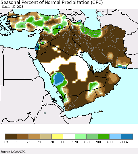 Middle East and Turkey Seasonal Percent of Normal Precipitation (CPC) Thematic Map For 9/1/2023 - 9/20/2023