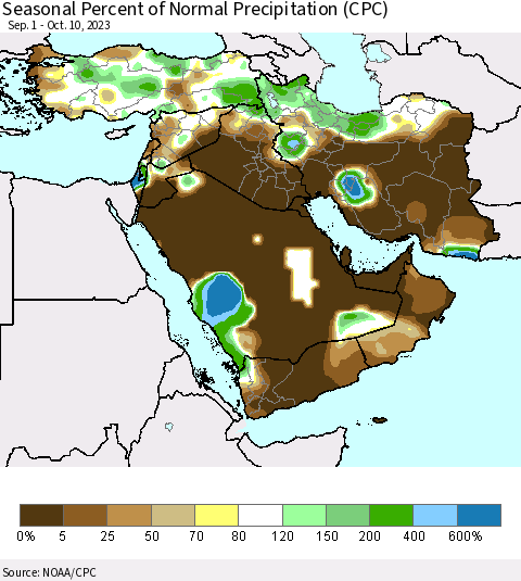 Middle East and Turkey Seasonal Percent of Normal Precipitation (CPC) Thematic Map For 9/1/2023 - 10/10/2023
