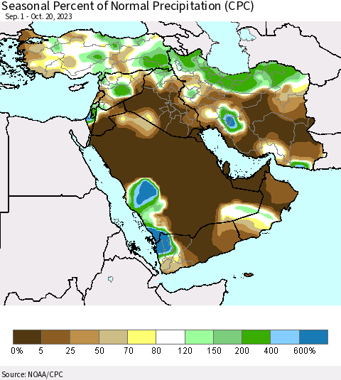Middle East and Turkey Seasonal Percent of Normal Precipitation (CPC) Thematic Map For 9/1/2023 - 10/20/2023