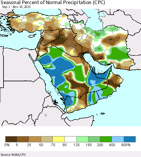 Middle East and Turkey Seasonal Percent of Normal Precipitation (CPC) Thematic Map For 9/1/2023 - 11/10/2023