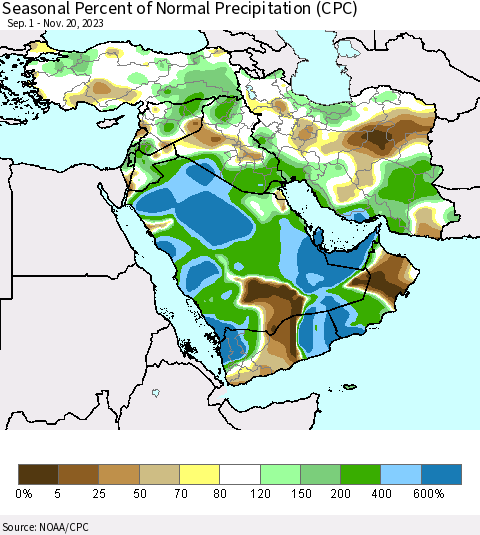 Middle East and Turkey Seasonal Percent of Normal Precipitation (CPC) Thematic Map For 9/1/2023 - 11/20/2023