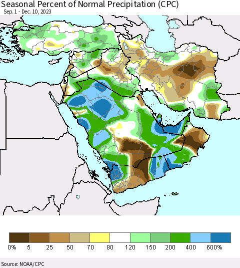 Middle East and Turkey Seasonal Percent of Normal Precipitation (CPC) Thematic Map For 9/1/2023 - 12/10/2023