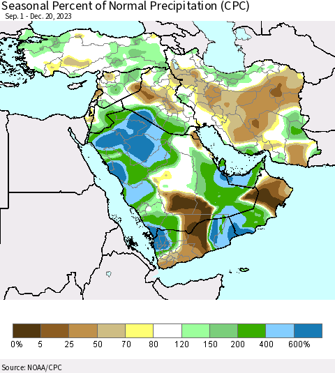 Middle East and Turkey Seasonal Percent of Normal Precipitation (CPC) Thematic Map For 9/1/2023 - 12/20/2023