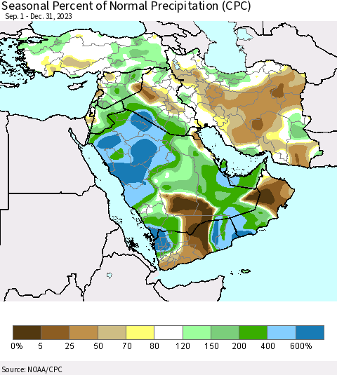 Middle East and Turkey Seasonal Percent of Normal Precipitation (CPC) Thematic Map For 9/1/2023 - 12/31/2023