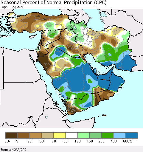 Middle East and Turkey Seasonal Percent of Normal Precipitation (CPC) Thematic Map For 4/1/2024 - 4/20/2024